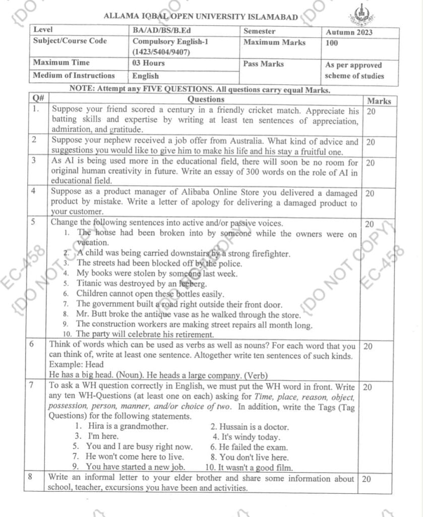 1423 code past paper autumn 2023