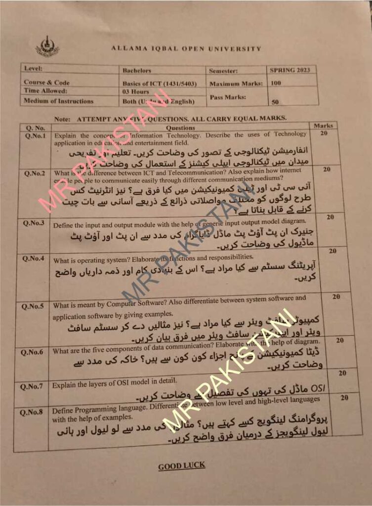 AIOU 1431 Code Basics of ICT Past Paper Spring 2023