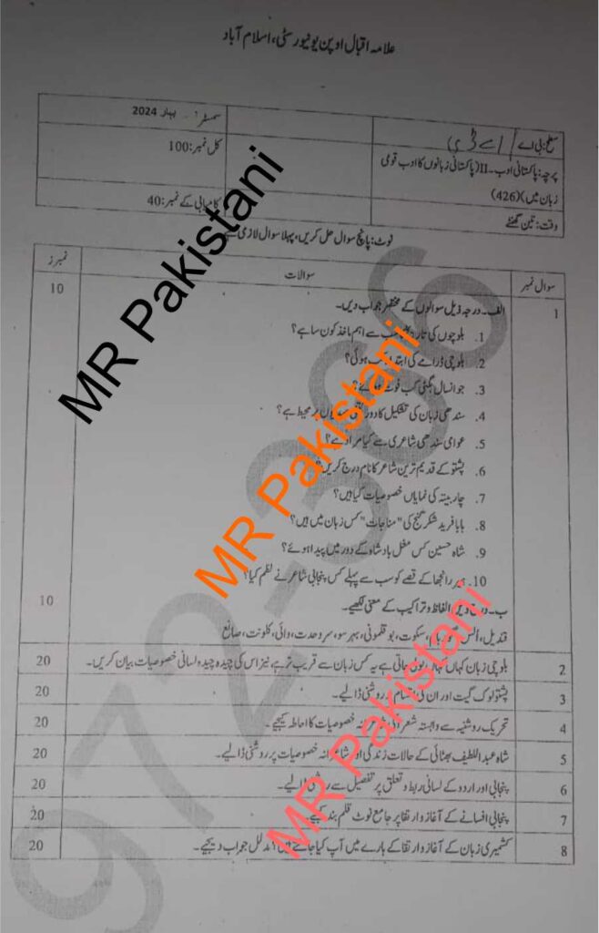 AIOU 426 Code Past Paper Spring 2024