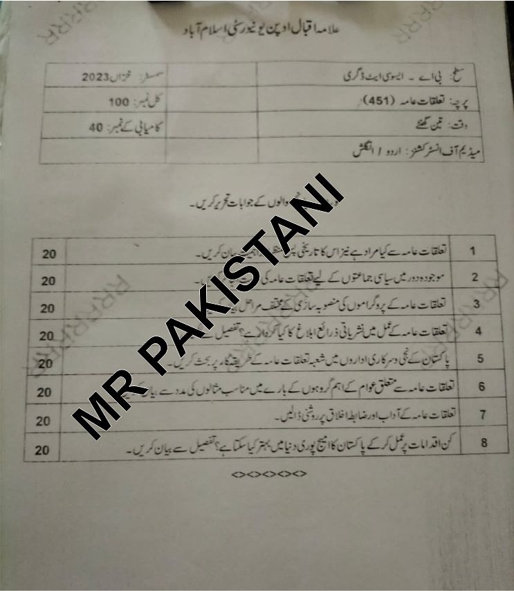 AIOU Code 451 Past Papers Autumn 2023