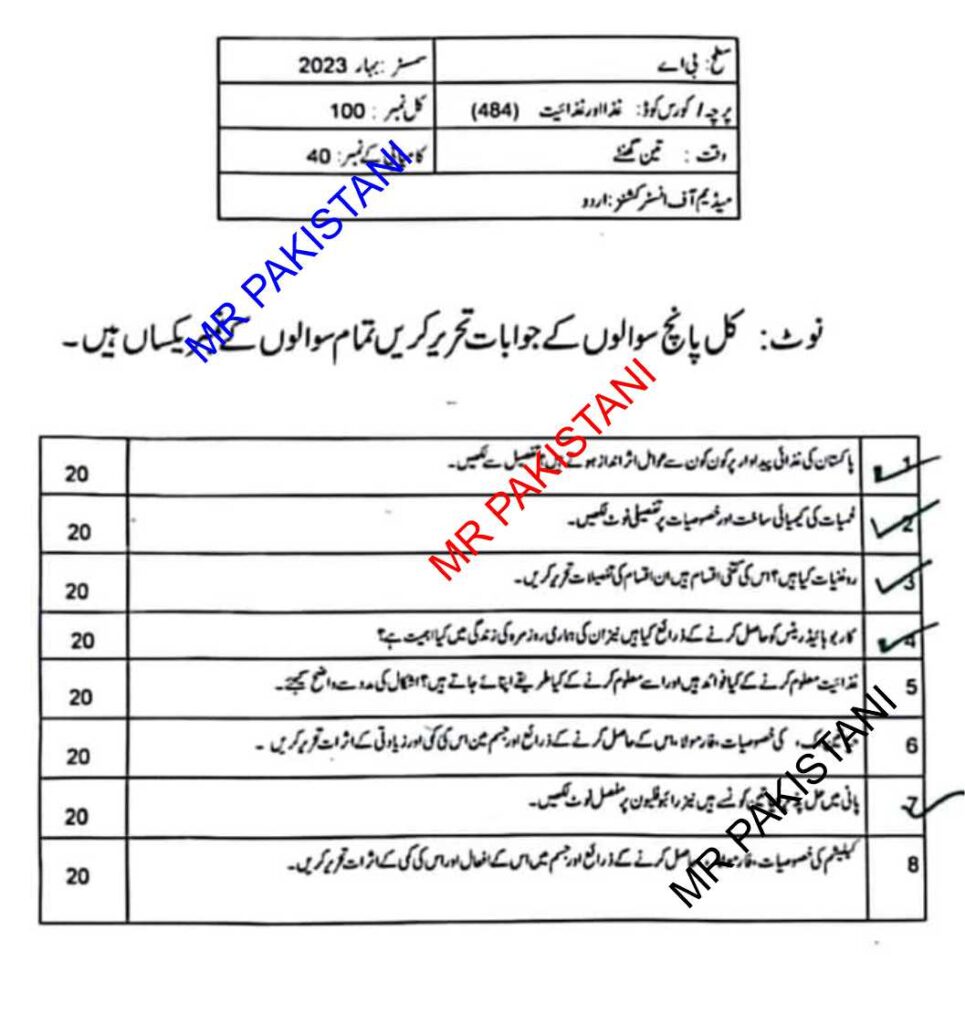 AIOU Code 484 Old Paper Spring 2023