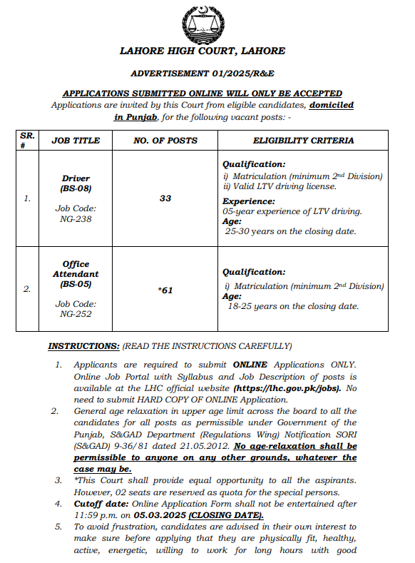 Lahore High Court Jobs March 2025