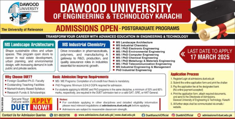 DAWOOD UNIVERSITY OF ENGINEERING & TECHNOLOGY KARACHI Admissions 2025
