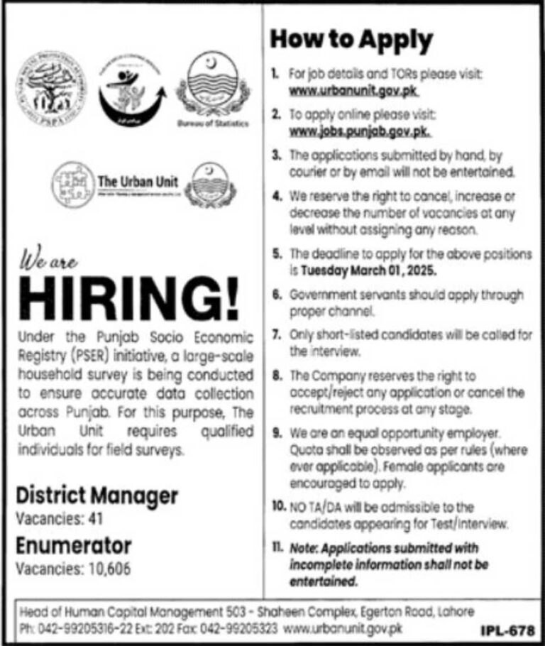 District Manager & Enumerator Positions at The Urban Unit March 2025