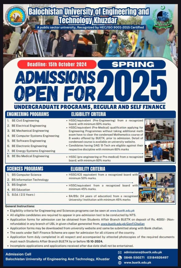 Balochistan University of Engineering and Technology Khuzdar Admissions 2025