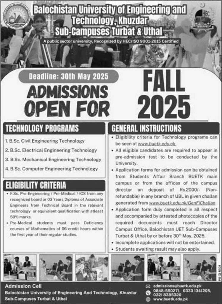 Balochistan University of Engineering and Technology Khuzdar Admissions 2025