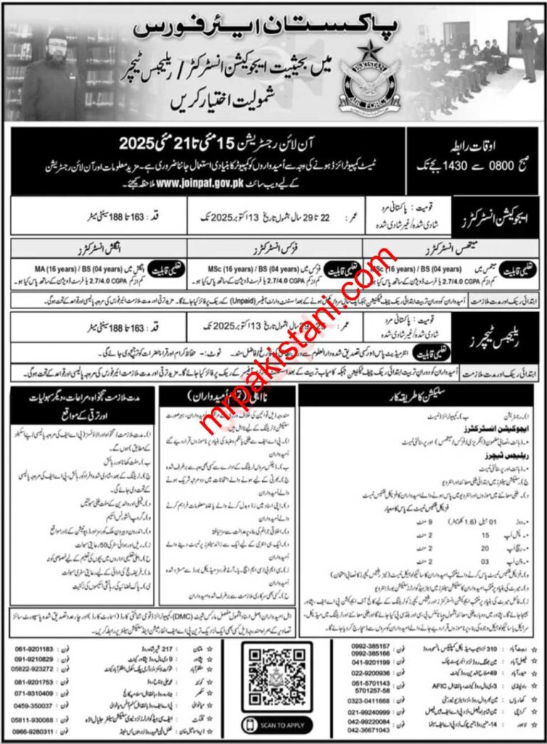 Join Pakistan Air Force as Education Instructors and Religious Teachers May 2025