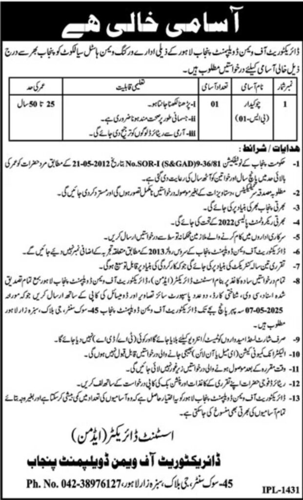 Punjab Women Development Department Jobs May 2025 – Security Guard (BPS-01)