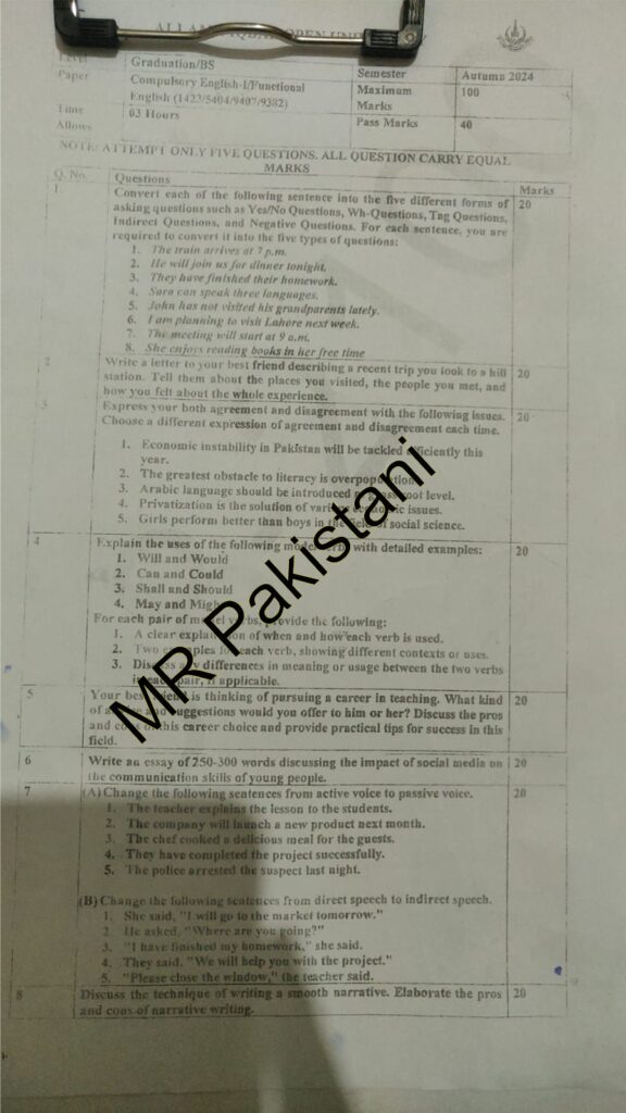 1423 Code English-I Past Paper Autumn 2024