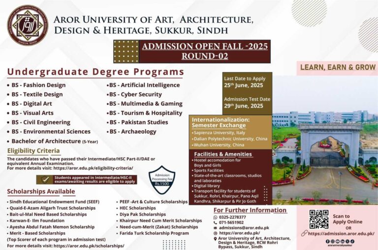 Aror University Sukkur Admissions Fall 2025