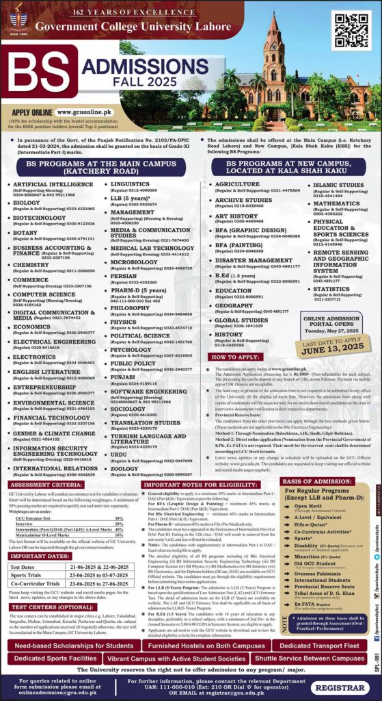 GCU Lahore BS Admissions Fall 2025