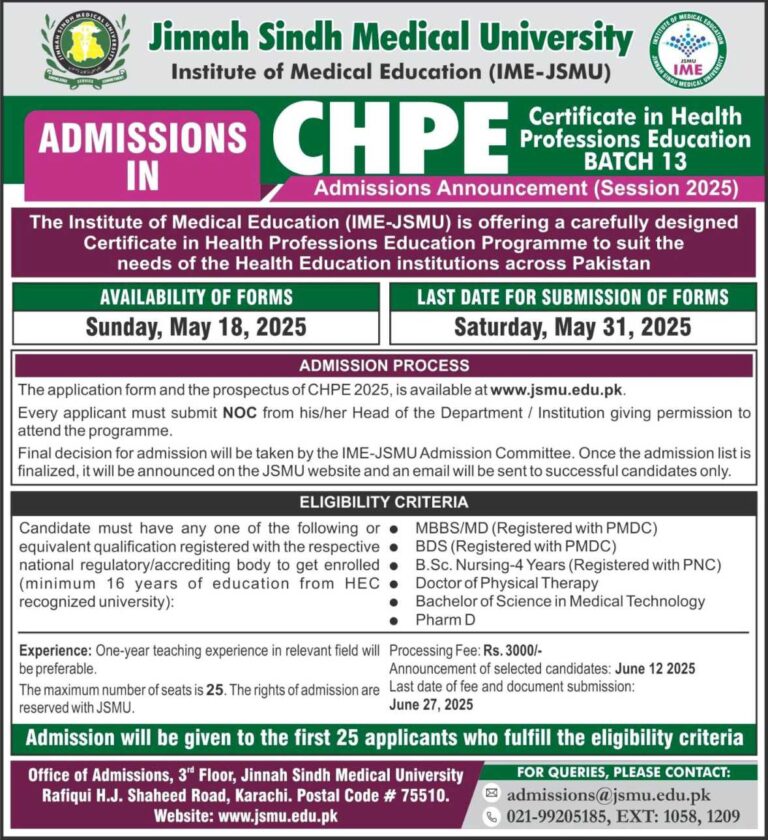 JSMU Karachi Announces CHPE Admissions session 2025