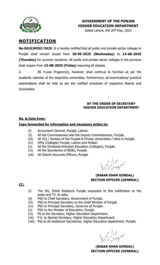 Summer Vacations Notification for All Colleges in Punjab 2025