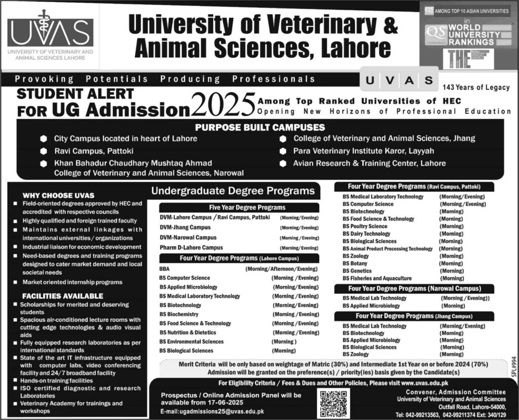 UVAS Undergraduate Admission - Advertisement 2025