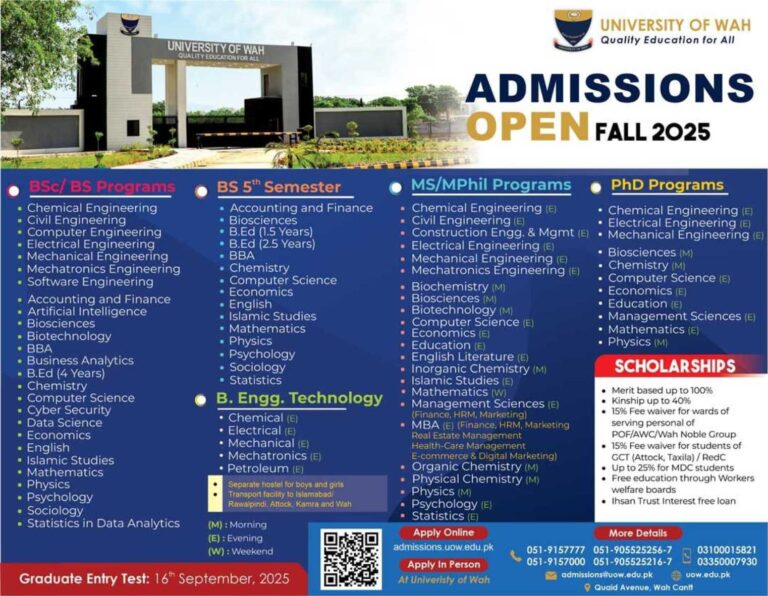 University of Wah New Admissions Fall 2025 - Apply Online