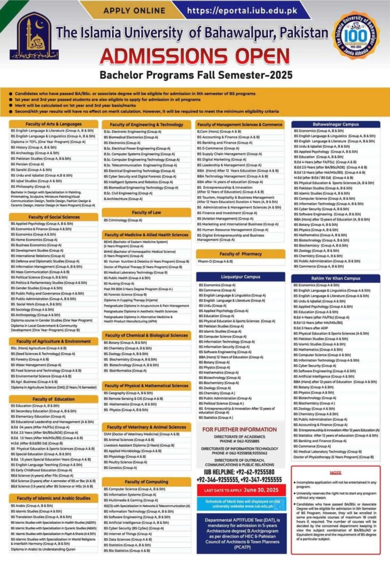 The Islamia University of Bahawalpur (IUB) Admissions Fall 2025