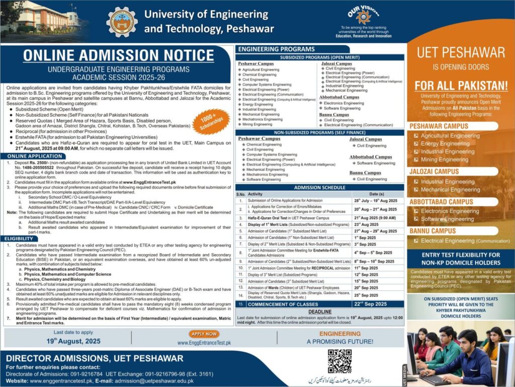 UET Peshawar Admission 2025 Last Date