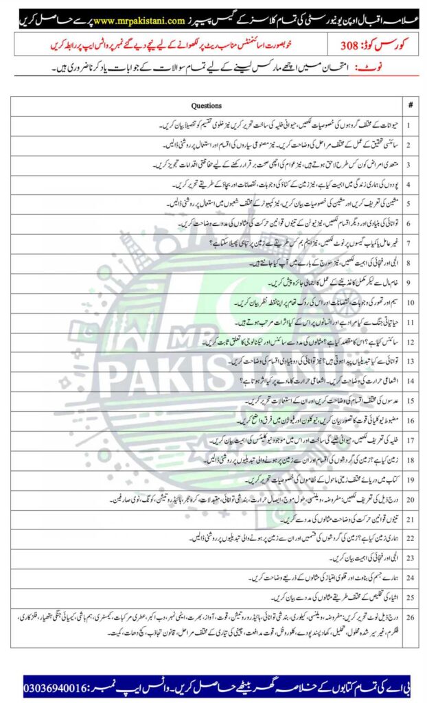 AIOU 308 Code Guess Paper