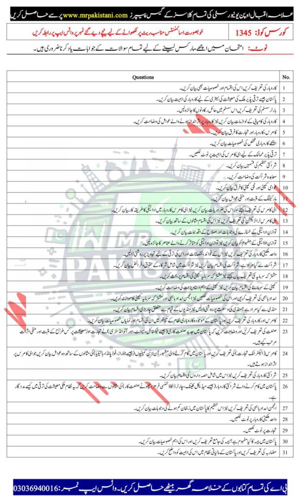 AIOU 1345 Code Guess Paper