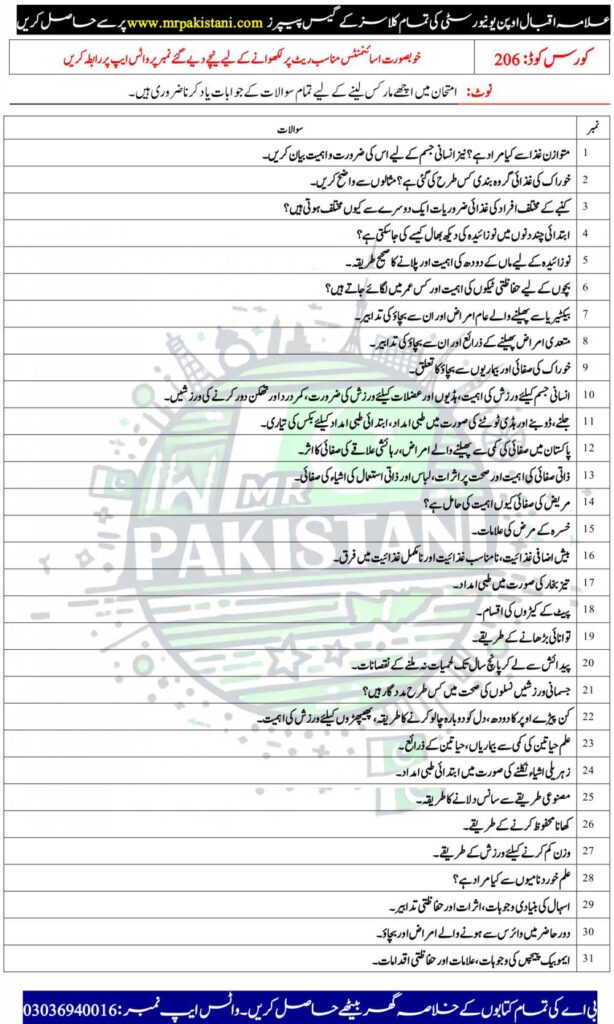 AIOU 206 Code Guess Paper
