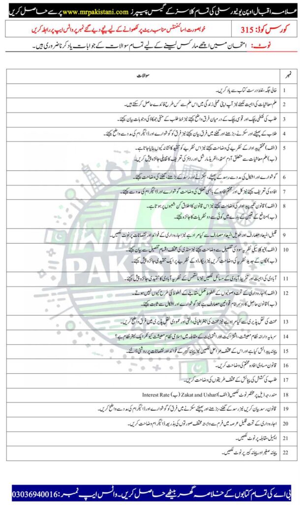 AIOU 315 Code Guess Paper