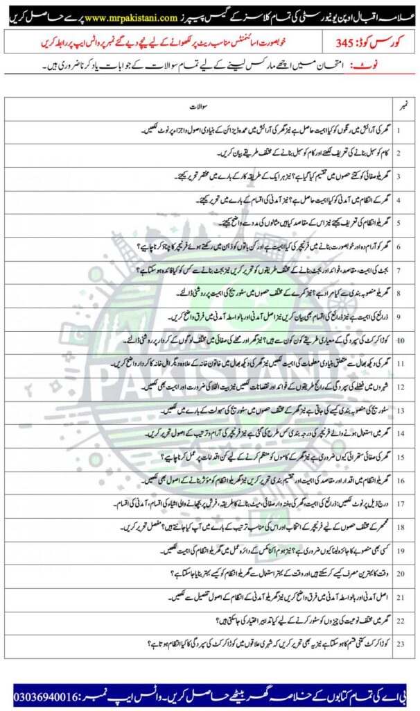 AIOU 345 Code Guess Paper