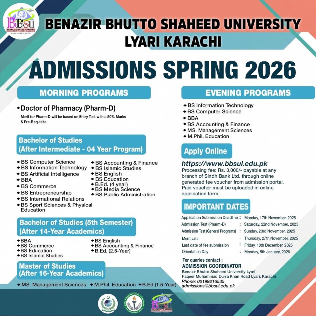 Benazir Bhutto Shaheed University Lyari Admissions 2026 Last Date