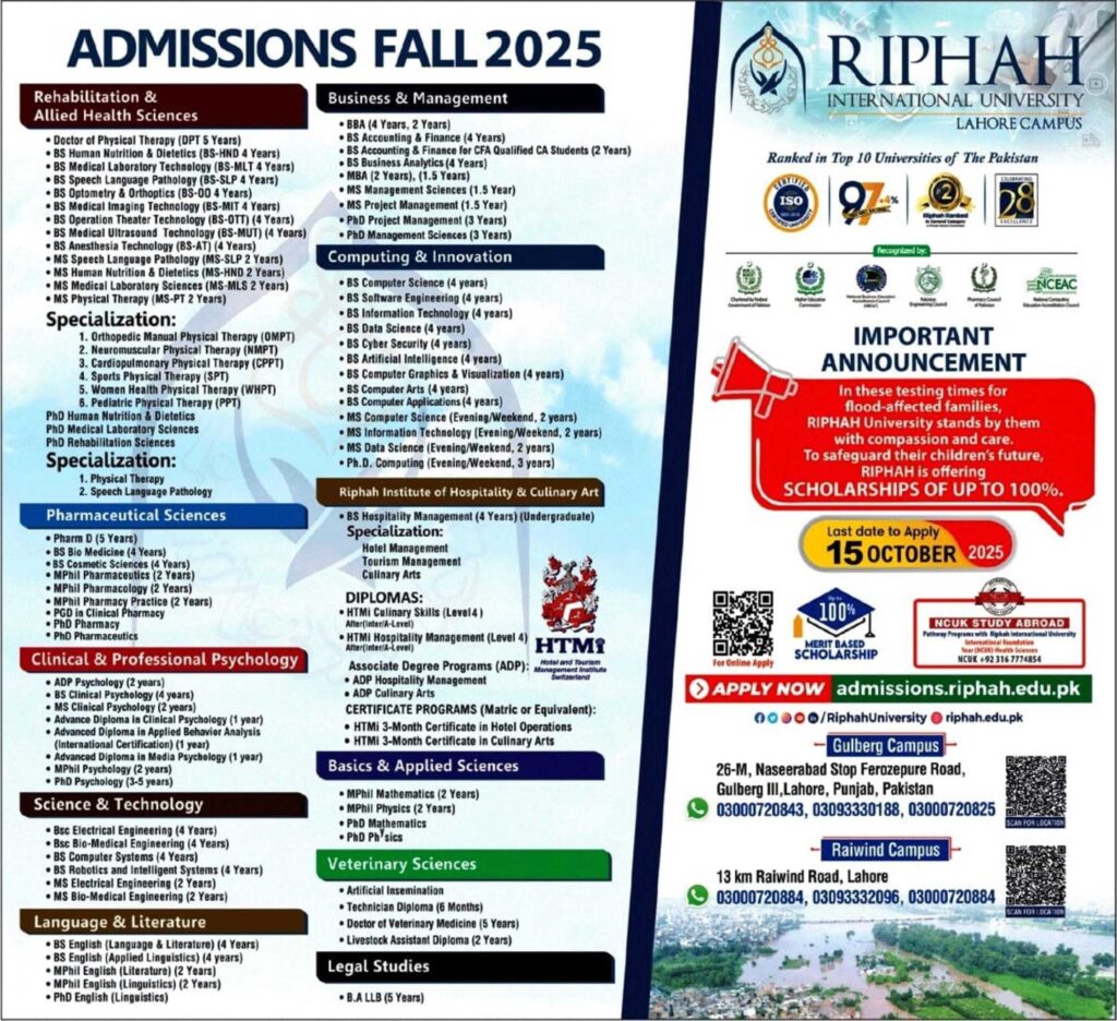Riphah International University Lahore Admissions fall 2025
